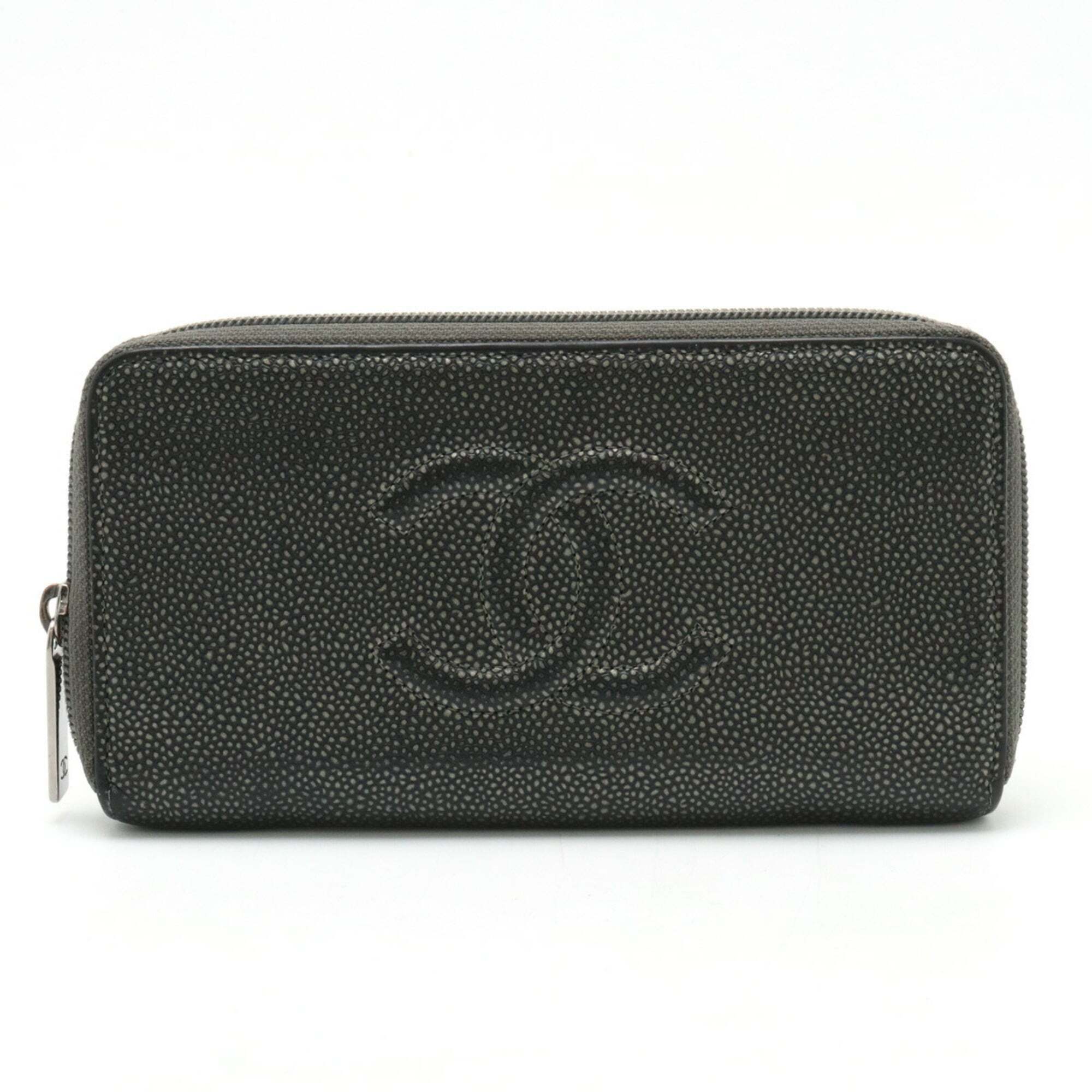 Chanel Coco Mark Round Long Wallet Caviar Skin Leather Metallic Gray A50071
